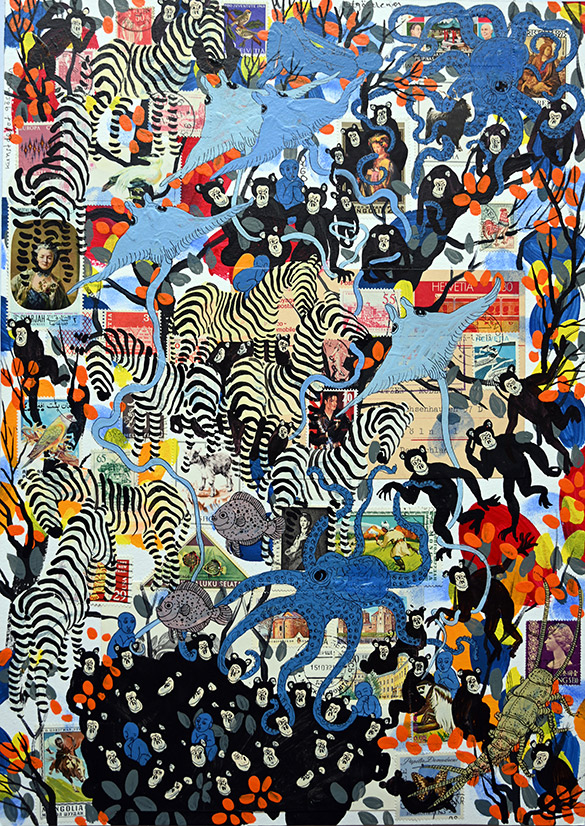 Wunderkammer Göschenen 24 by OtGO 2025 ink & acryl on original Stamps, 420 x 297 mm