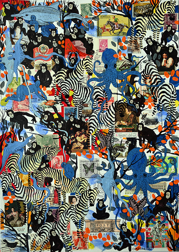 Wunderkammer Göschenen 25 by OtGO 2025 ink & acryl on original Stamps, 420 x 297 mm