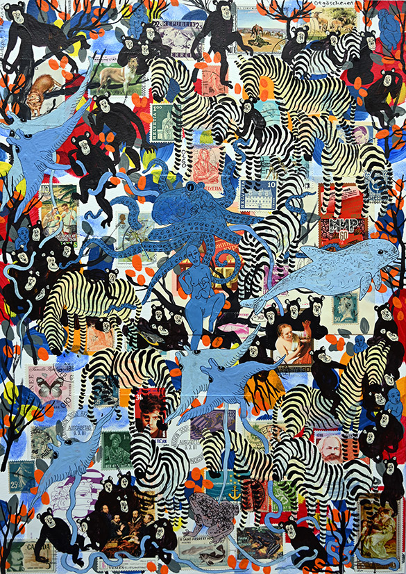 Wunderkammer Göschenen 27 by OtGO 2025 ink & acryl on original Stamps, 420 x 297 mm