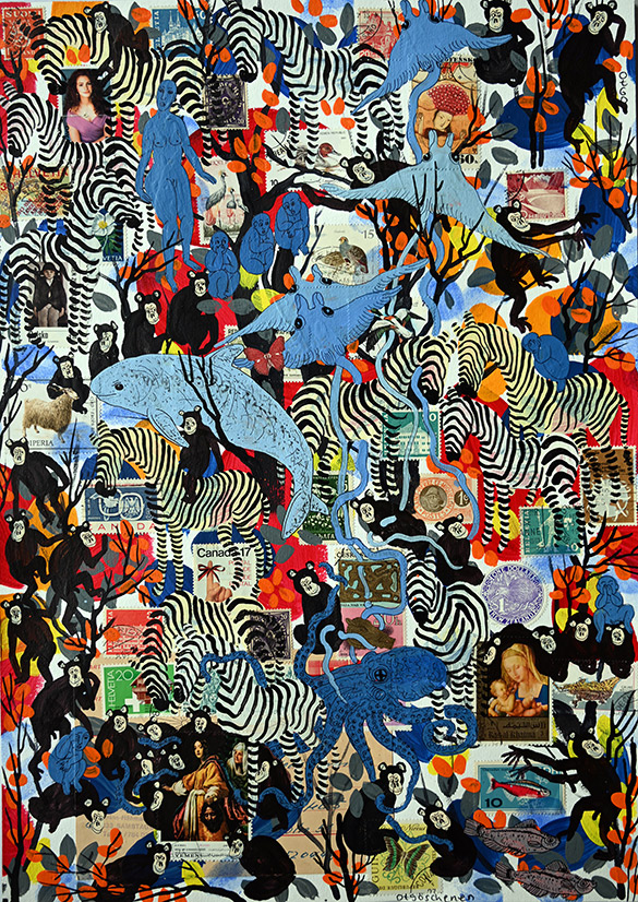 Wunderkammer Göschenen 28 by OtGO 2025 ink & acryl on original Stamps, 420 x 297 mm