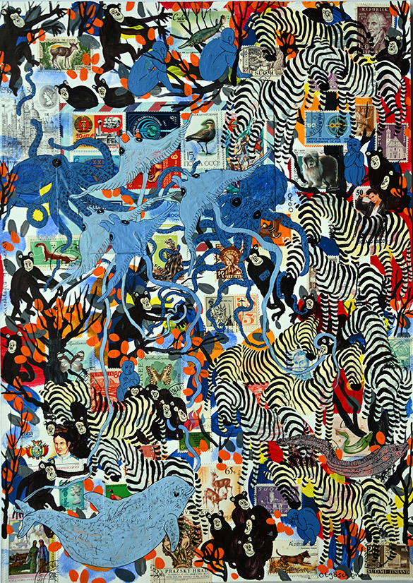 Wunderkammer Göschenen 29 by OtGO 2025 ink & acryl on original Stamps, 420 x 297 mm