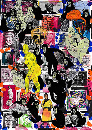 Cabinet of Curiosities Apes 11 by OtGO 2024-2025, ink and acryl on original Stamps, 210 x 148  mm (A5)
