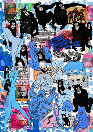 Cabinet of Curiosities Fetus 2 by OtGO 2021, ink and acryl on original Stamps, 210 x 148  mm (A5)